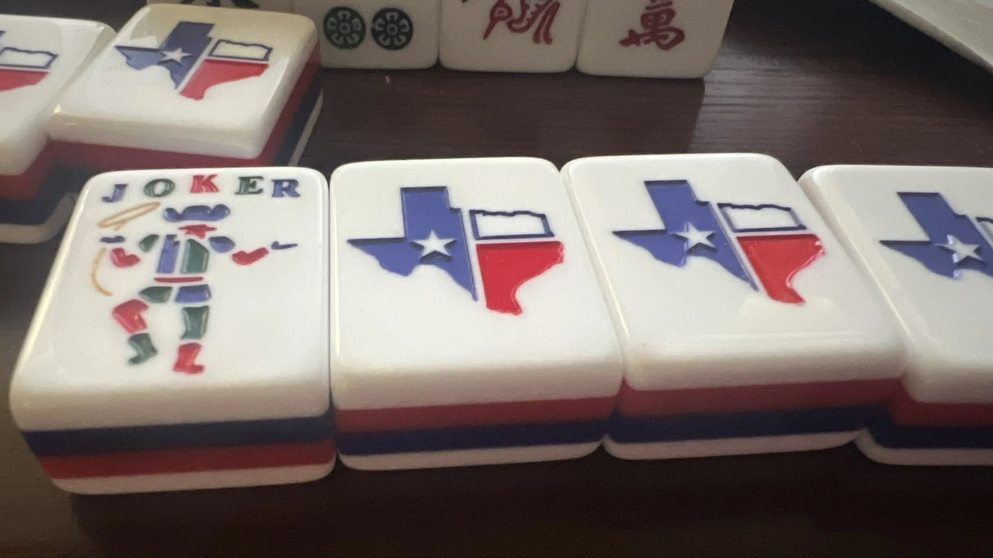 TEXAS MAH JONGG SET LARGER TILES ENGRAVED RED BLUE COWBOY JOKER MAHJONG MAJONG