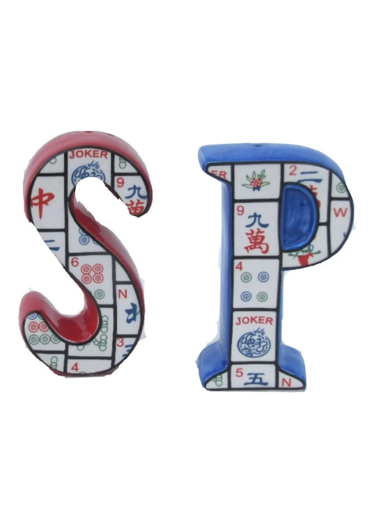 Decorative letters S and P featuring colorful mahjong tile patterns with traditional Chinese characters, joker tiles, and symbols. The letter S has red trim, while the letter P has blue trim.