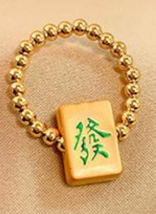 Mah Jongg Gold Bead Ring (Green Dragon)