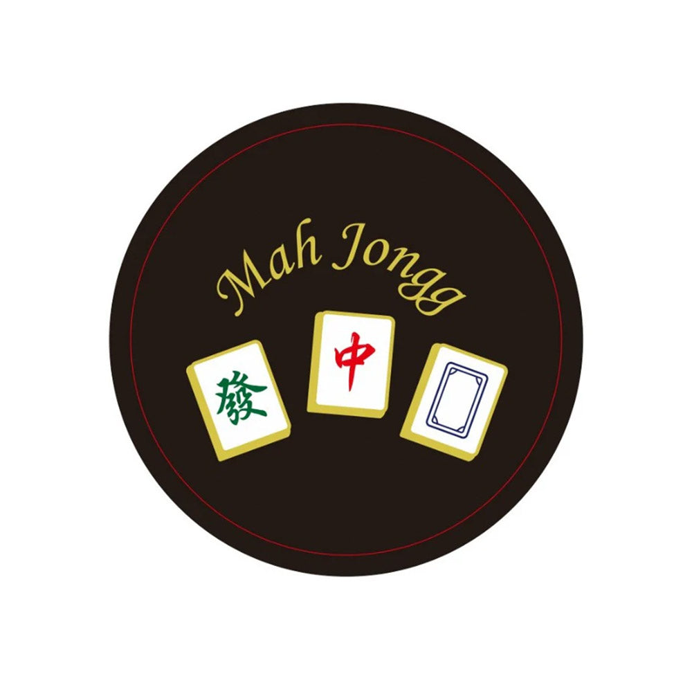 Round black mahjong coaster featuring gold "Mah Jongg" lettering and three colorful mahjong tiles representing the Green Dragon, Red Dragon, and White Dragon. A stylish drink coaster for mahjong lovers.