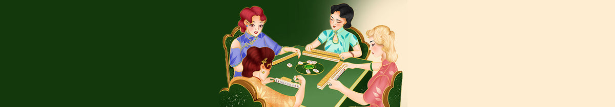 Mahjong-themed website banner featuring a vintage-style illustration of four women playing mahjong around a green table, with a dark green background fading into soft beige.