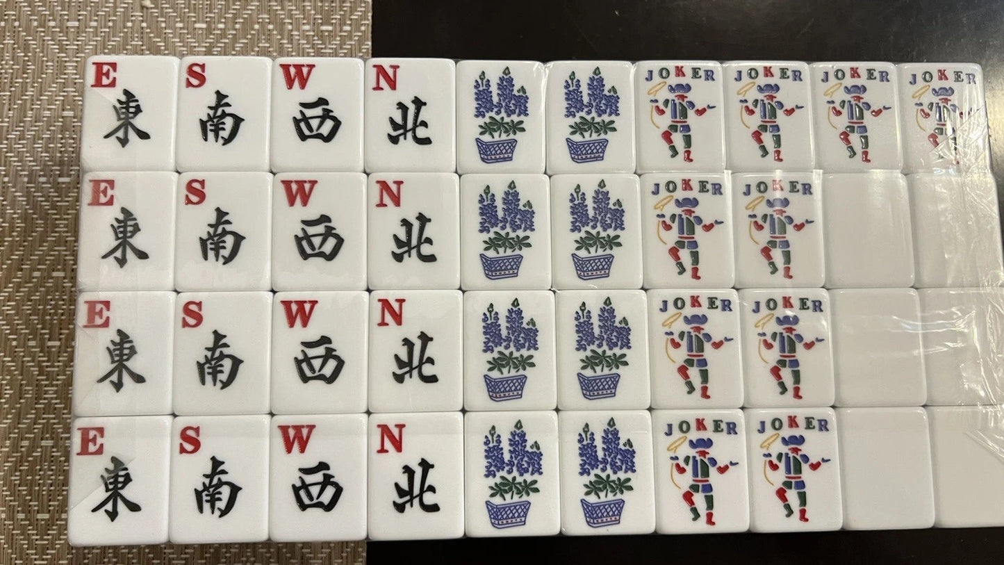 TEXAS MAH JONGG SET LARGER TILES ENGRAVED RED BLUE COWBOY JOKER MAHJONG MAJONG