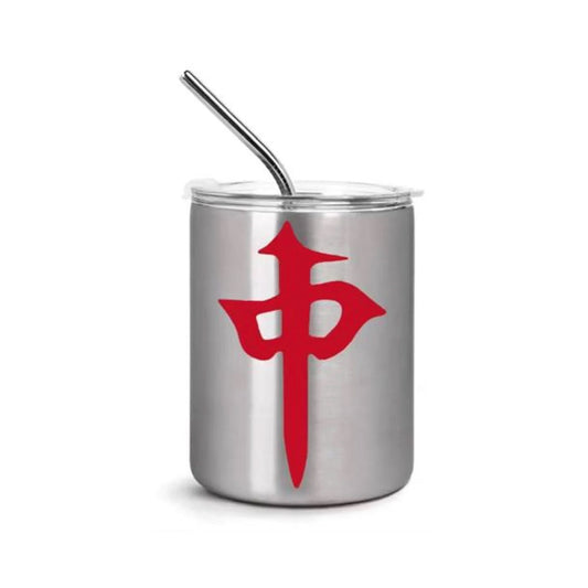 Silver stainless steel mahjong tumbler featuring a large red Chinese character for the Red Dragon tile. Includes a clear lid and reusable metal straw, perfect for mahjong lovers.